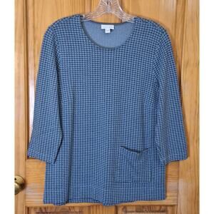 J. Jill Ponte Shirt Women's Medium Blue Gray Houndstooth Classic Preppy Office